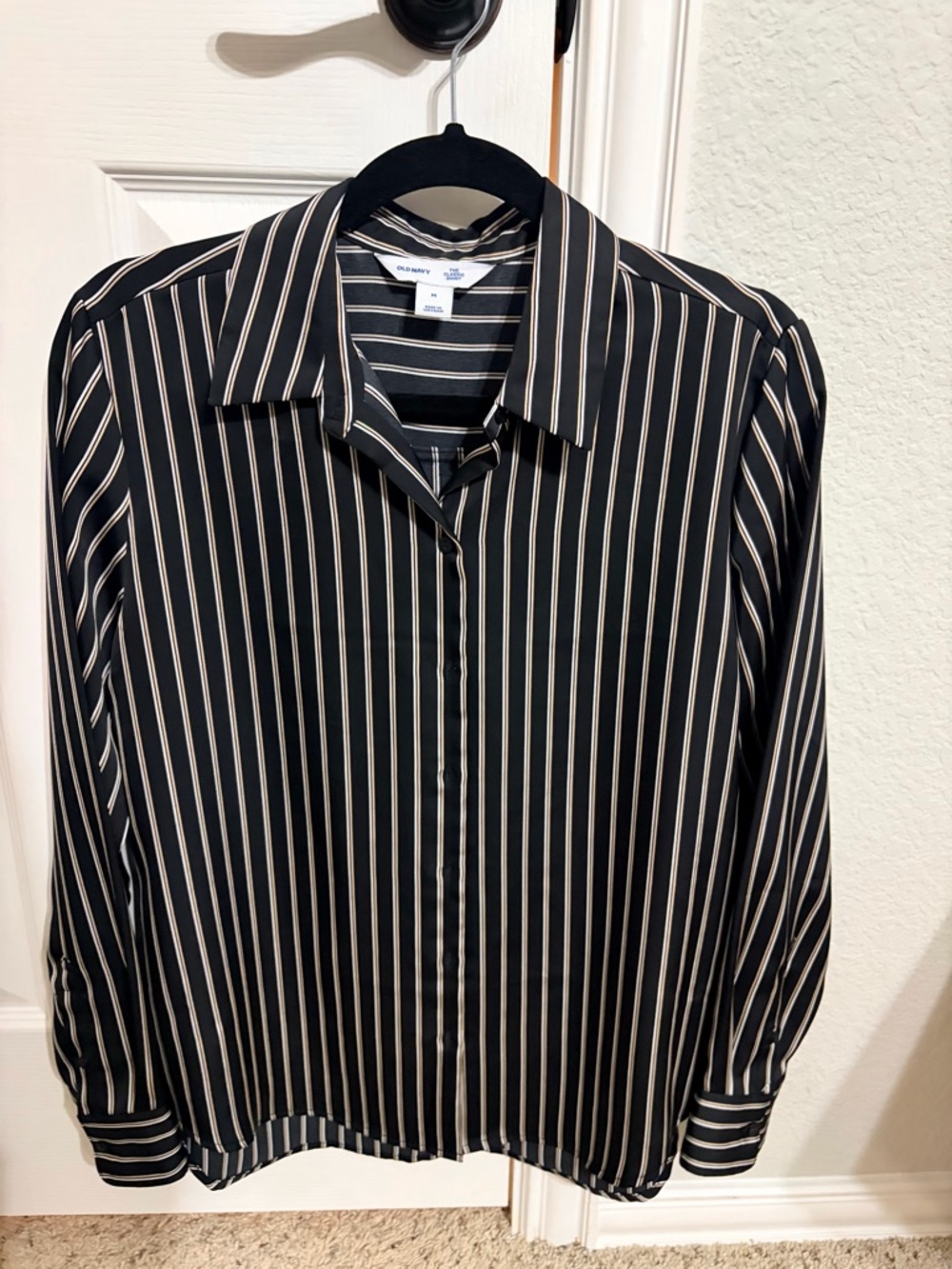 Old Navy Black Shirt with Cream Vertical Stripes